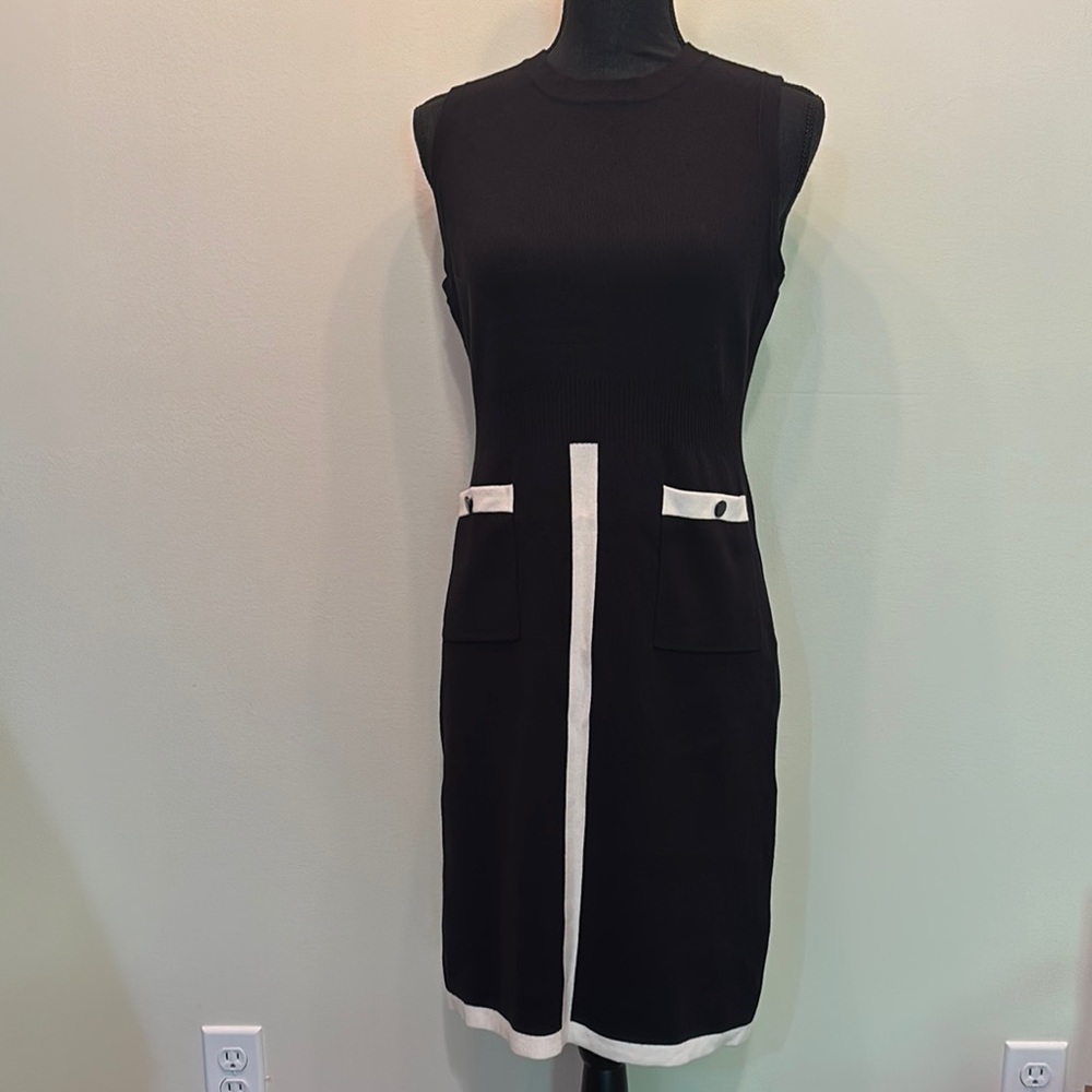 NWT Anne Klein Women’s S Black White Mock Neck Sheath‎ Dress Sleeveless Pockets